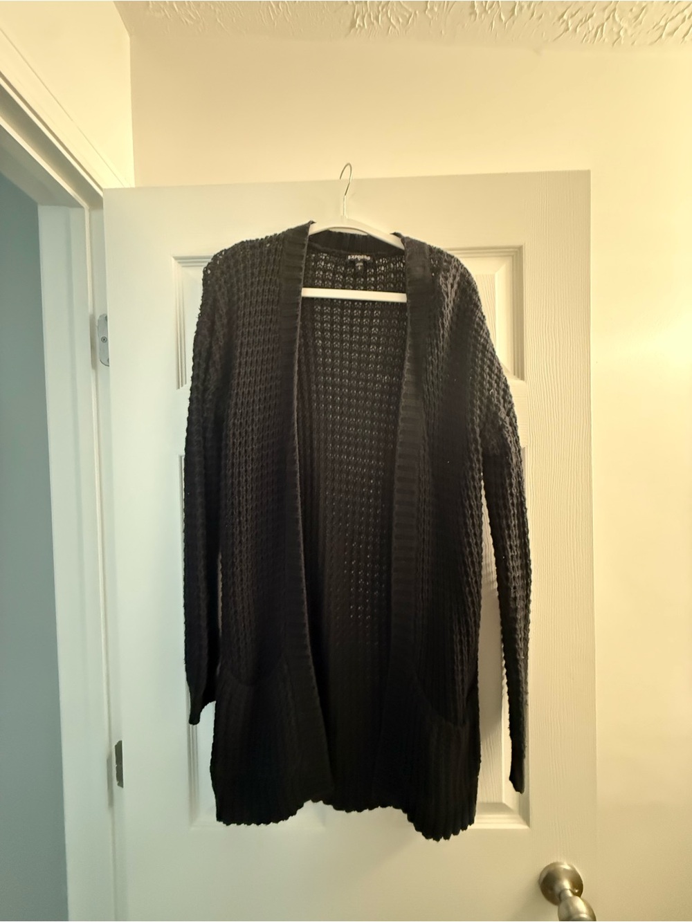 Express Black Open-Front Waffle Knit Cardigan